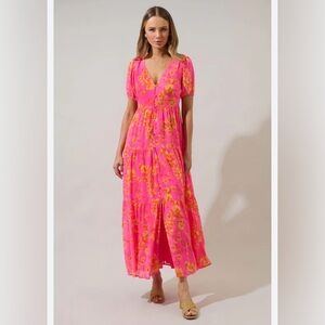 Sugarlips Hot Pink Maxi Dress with Yellow Floral Print
